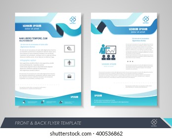 Front and back page brochure flyer design with business icons and infographic elements.