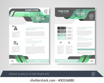 Front and back page brochure flyer design with business icons and infographic elements.