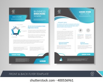 Front and back page brochure flyer design with business icons and infographic elements.