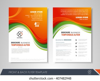 Front and back page brochure flyer design with business icons and infographic elements.