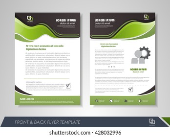 Front and back page brochure flyer design with business icons and infographic elements.