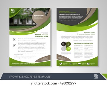 Front and back page brochure flyer design with business icons and infographic elements.