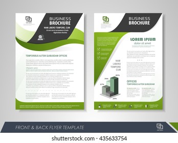 Broschüren-Design auf der Vorderseite und auf der Rückseite mit Business-Symbolen und Infografiken.