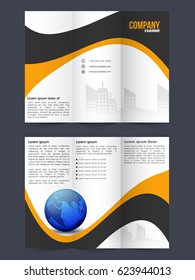 Front and Back page presentation of Creative Tri-Fold Brochure, Template with abstract waves decoration.