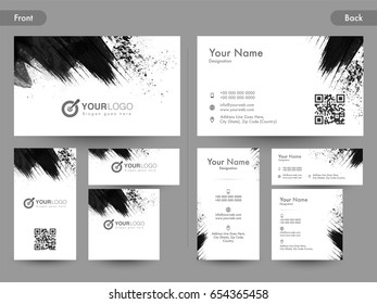 Front and back page view of Horizontal and Vertical Business Card, Name Card or Visiting Card with black abstract brush strokes.