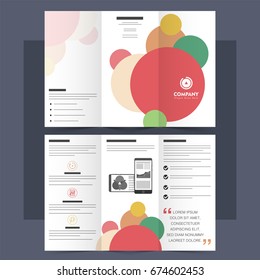 Front and back page view of Tri-Fold Leaflet, Brochure, Template with abstract colorful circles.