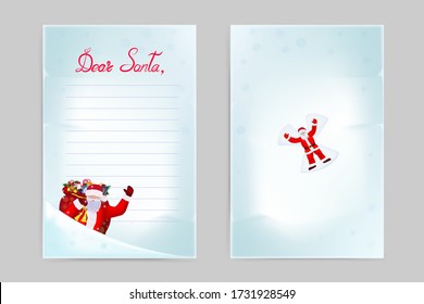 Front and back pages of the Christmas wish list. Image of Santa Claus with a large bag of gifts. Drawing of Santa greeting and making an angel in the snow. Vector illustration in cartoon style.