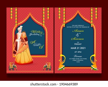 Front And Back Presentation Of Wedding Invitation Card With Indian Couple Character In Traditional Dress.