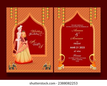 Front And Back Presentation Of Wedding Invitation Card With Indian Couple Character In Traditional Dress.