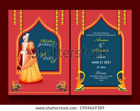 Front And Back Presentation Of Wedding Invitation Card With Indian Couple Character In Traditional Dress.