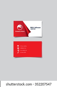 Front and back of a red and white name card with creative three dimension peel off effect at to reveal company name and logo. Vector illustration isolated on gray background.