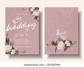 Front and back set of wedding cards, pink tone, marble pattern. Decorate the frame with dark, light beige flowers. illustration/Vector