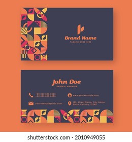 Front And Back Side Of Business Card Template Layout With Geometric Pattern.