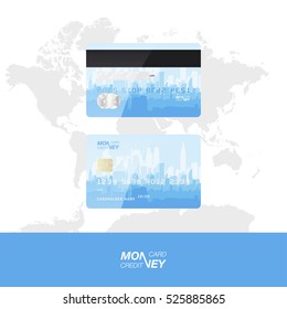 The front and back side of the card against the background of the world map and cityscape.