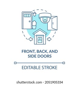 Front, back and side doors blue concept icon. Home security system abstract idea thin line illustration. Exterior camera for burglary prevention. Vector isolated outline color drawing. Editable stroke