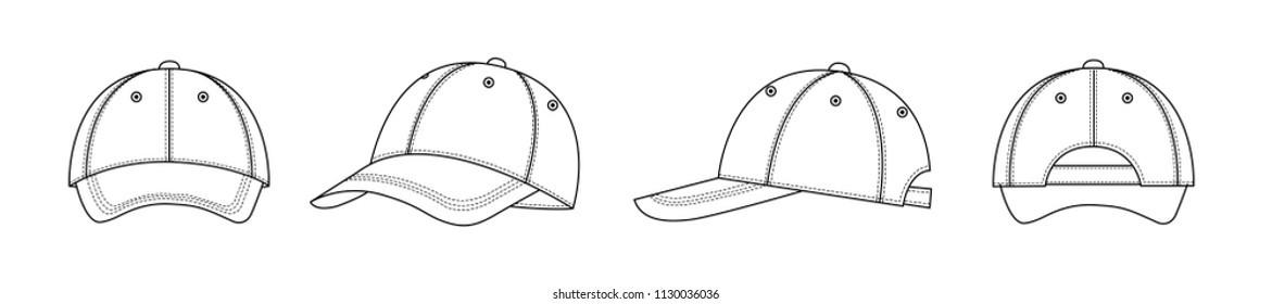 Front, back, side fashion illustration of baseball cap / hat