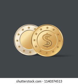 Front and back side of gold metal coin vector illustration. Realistic isolated golden money with dollar symbol 