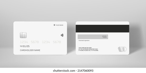 Front and back side of plastic business card. 3d vector mockup

