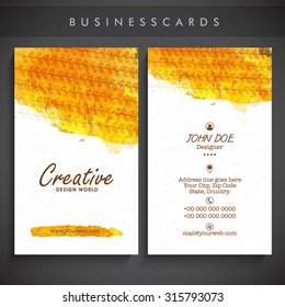 Front and back side presentation of artistic vertical business card or visiting card set. 