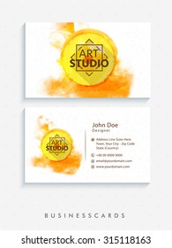 Front and back side presentation of creative horizontal business card, name card or visiting card set decorated with orange color splash.