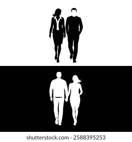 Front and back side silhouette Couple walking, man and woman dating, vector. People in love. Valentine's day, Wedding