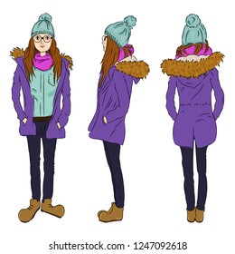 front  back and side view of girl in winter clothes isolated on vector