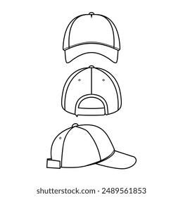 front, back and side view hat base ball mockup vector