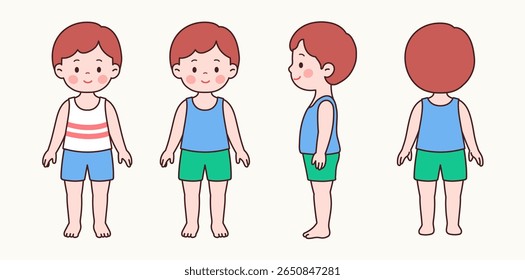 Front, Back, and Side View Set of a Cute Little Boy in Summer Outfit – Sleeveless Shirt and Shorts