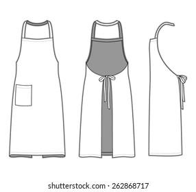 Front, back and side views of apron. Blank templates. Vector illustration on the striped background for your fashion design. 