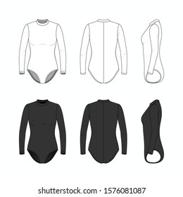 Front, back, and side views of blank templates clothing set. Woman surf suit or gymnastics long-sleeved leotard in white and black colors. Vector illustration. Flat technical fashion drawings.