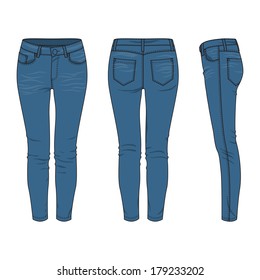 Front, back and side views of blank women's jeans. Vector illustration. Isolated on white.