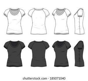 Front, back and side views of blank women's t-shirt with raglan sleeve. Vector illustration. Isolated on white.