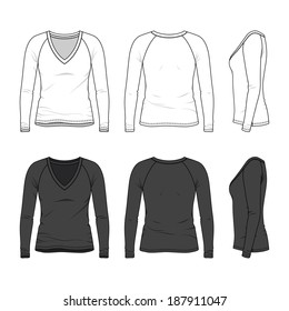 Front, back and side views of blank women's v-neck tee. Vector illustration. Isolated on white.