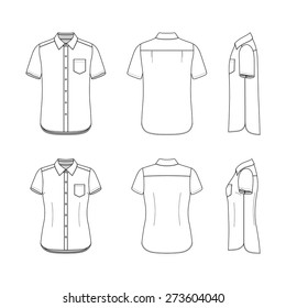 Front, back and side views of clothing set. Blank templates of men's and women's shirts with short sleeves. Casual style. Vector illustration for your fashion design. 