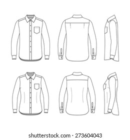 Front, back and side views of clothing set. Blank templates of men's and women's shirts with long sleeves. Casual style. Vector illustration for your fashion design. 