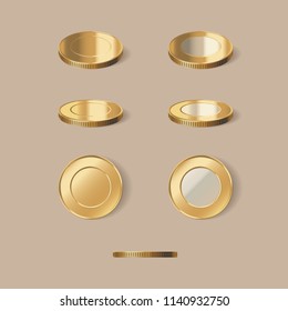 Front, back and side views of golden coins vector illustration. Realistic gold metal coins for bank or banking concept