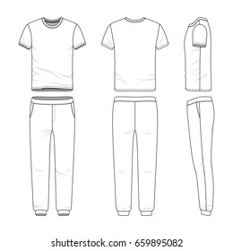 Front, back and side views of lon sleeved t-shirt and sweatpants. Blank vector templates. Clothing set. Sportswear. Fashion illustration. Isolated on white background.