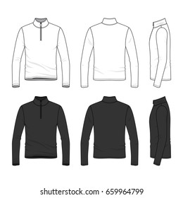 Front, back and side views of long sleeved shirt with zipper. Clothing set in white and black colors. Blank vector templates. Fashion illustration. Isolated on white background.