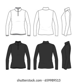 Front, back and side views of long sleeved t-shirt with zipper. Female clothing set in white and black colors. Blank vector templates. Fashion illustration. Isolated on white background.