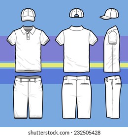 Vistas frontales, laterales y laterales del campo de golf masculino. Plantillas en blanco de polo-pantalones, gorra y pantalones cortos.  uniforme deportivo. Ilustración vectorial en el fondo rayado para su diseño de moda. 