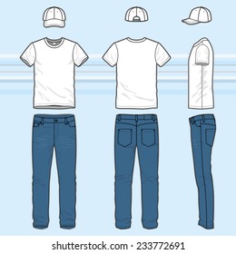 Front, Back And Side Views Of Men's Clothing Set. Blank Templates Of T-shirt, Cap And Jeans.  Casual Style. Vector Illustration On The Striped Background For Your Fashion Design. 