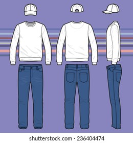 Front, back and side views of men's clothing set. Blank templates of sweatshirt, cap and jeans.  Casual style. Vector illustration on the striped background for your fashion design. 