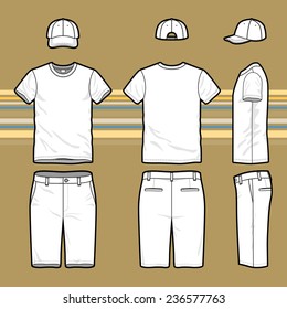 Front, back and side views of men's set. Blank templates of t-shirt, cap and shorts. Casual style. Vector illustration on the striped background for your fashion design. 