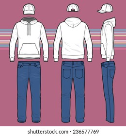 Front, back and side views of men's clothing set. Blank templates of hoodie, cap and jeans.  Casual style. Vector illustration on the striped background for your fashion design. 