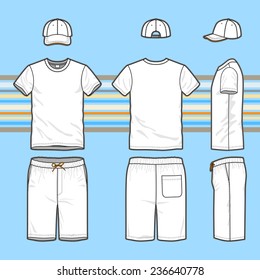 Front, back and side views of men's set. Blank templates of t-shirt, cap and swim shorts. Casual style. Vector illustration on the striped background for your fashion design. 