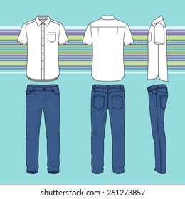 Front, back and side views of men's set. Blank templates of shirt and jeans. Casual style. Vector illustration on the striped background for your fashion design. 