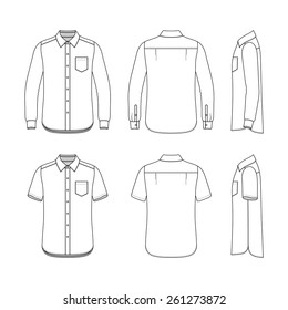 Front, back and side views of men's set. Blank templates of shirts with short and long sleeves. Casual style. Vector illustration for your fashion design. 