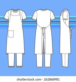 Front, back and side views of men's set. Blank templates of t-shirt, pants and apron. Casual style. Vector illustration on the striped background for your fashion design. 