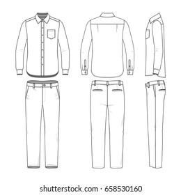 Front, back and side views of men's shirt and pants. Blank clothing templates in casual style. Fashion vector illustration.