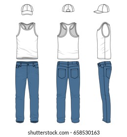 Front, back and side views of men's clothing set. Blank vector templates of racer back vest, pants, baseball cap.